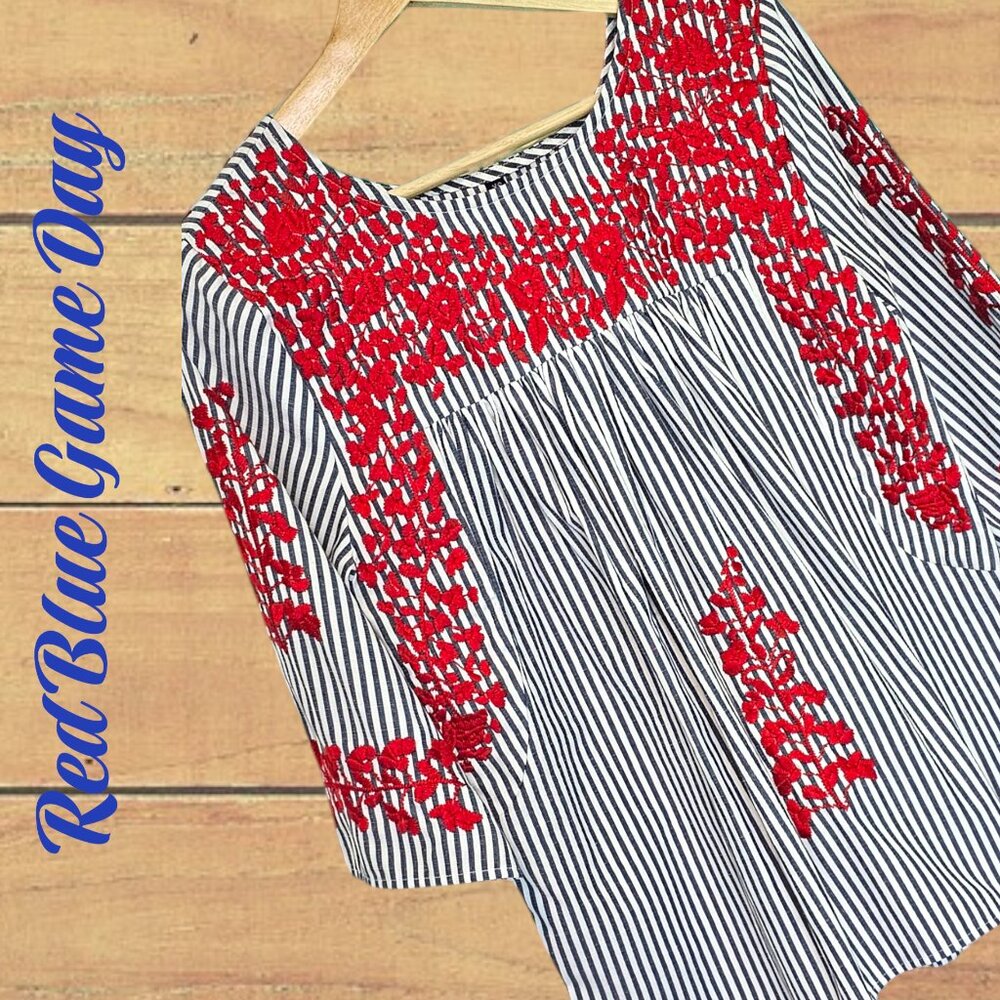 Spirit Dress XS Go Team! Blouse Top Blue White Striped Red Embroidered
